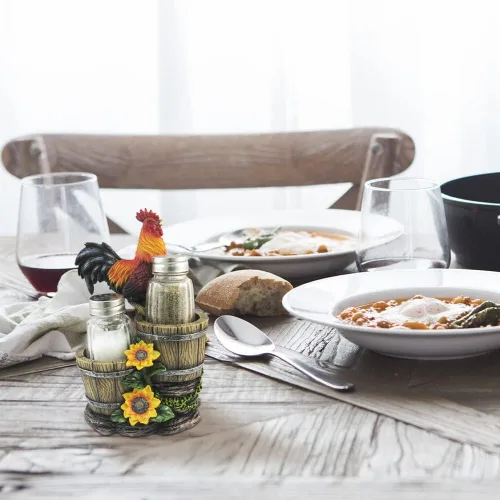 Miniatura 5 de DWK Sunrise Seasonings - Juego de salero y pimentero de 3 piezas de gallo de granja, recargable, tarros de cristal para sal y pimienta, novedoso