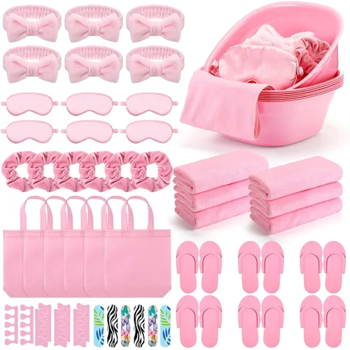 Thiccywoov 54 piezas de suministros de fiesta de spa para niñas, regalos de fiesta de spa, 6 lavabos, 6 bolsas de mano, 6 toallas de mano, 6