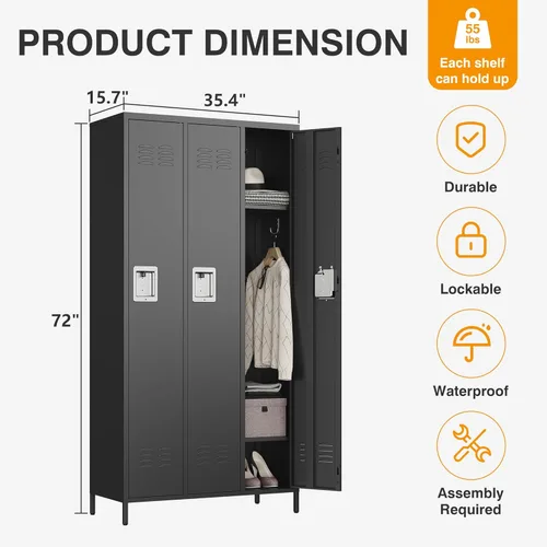 Miniatura 3 de Letaya Taquillas de metal para empleados: armario de almacenamiento de 3 puertas con estantes y gabinete de acero con cerradura para la escuela