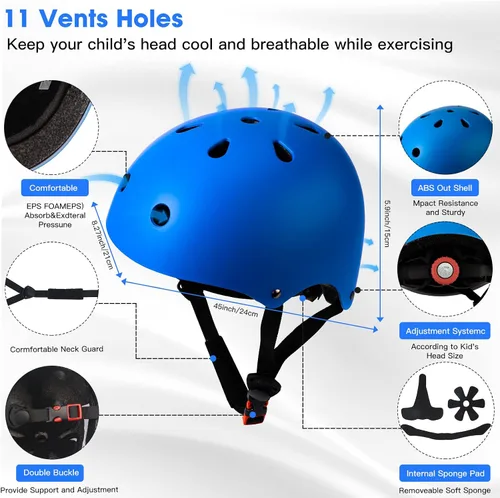 Miniatura 4 de Conjunto de casco de bicicleta para niños pequeños con rodilleras, casco de ciclismo ajustable para niño y niña, equipo de protección Azul