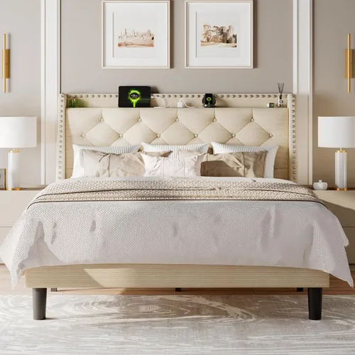 Miniatura 7 de Feonase - Base de cama tamaño completo con respaldo de alas de lujo y estación de carga rápida, base de cama tapizada con botones y cabecera