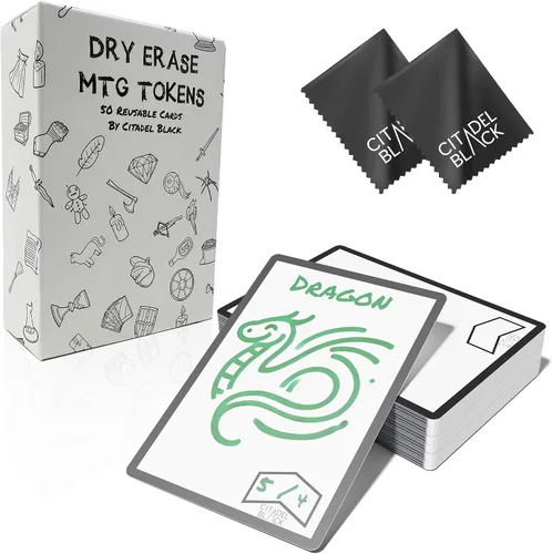 Citadel Black Juego de 50 Fichas MTG de Borrado en Seco – con 2 Borradores, Fichas Universales Reversibles Reutilizables de Doble Cara Proxy Card,