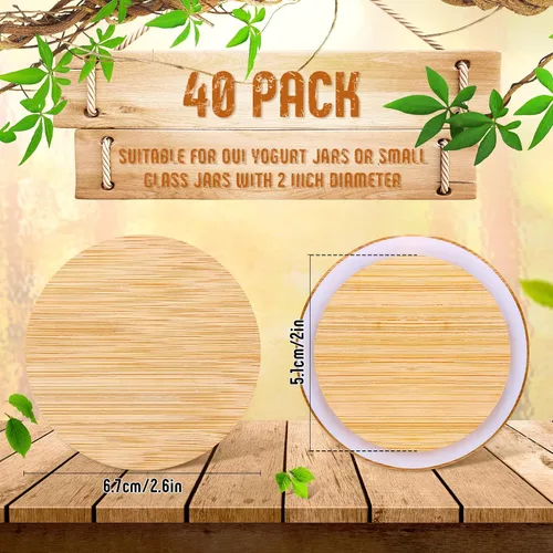 Miniatura 2 de Roowest 40 tapas para tarros de yogur a granel compatibles con tarros de yogur Oui, tapas de madera de bambú natural, tapas redondas reutilizables