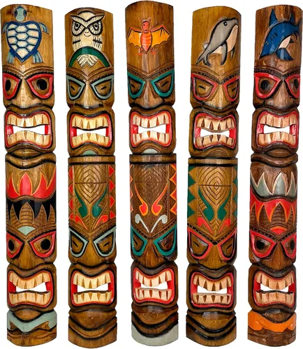 Miniatura 8 de Zeckos Juego de 2 máscaras de pared Tiki de madera tallada a mano, 39 pulgadas de alto, acabado envejecido pintado, esculturas de pared para sala