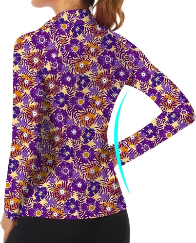 Miniatura 106 de WOWENY Camiseta deportiva de manga larga para mujer, con cremallera de un cuarto, cuello para entrenamiento, camiseta de tenis con estampado