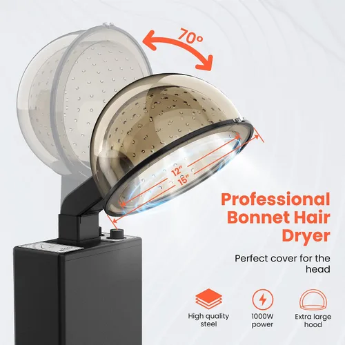 Miniatura 4 de TASALON Secador de pelo profesional con capó, 1000 W, acero inoxidable negro, soporte ajustable en altura y ángulo, inclinación de 70°, capucha