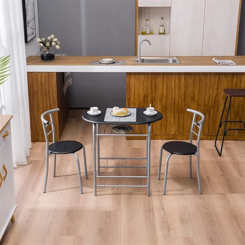 Miniatura 2 de Juego de mesa redonda y sillas de madera para cocina, comedor, 3 piezas, con marco de metal y estante de almacenamiento, bistró, pub, desayuno, Negro