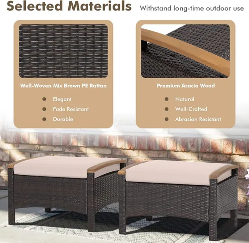 Miniatura 5 de Tangkula Otomanas de ratán de 2 piezas, reposapiés de mimbre para exteriores con asas de madera de acacia, cojines suaves con cremallera, reposapiés
