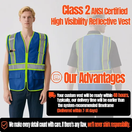 Miniatura 2 de Chaleco de seguridad personalizado BeautyWill con logotipo personalizado Clase 2, chaleco reflectante de alta visibilidad con bolsillos, ropa