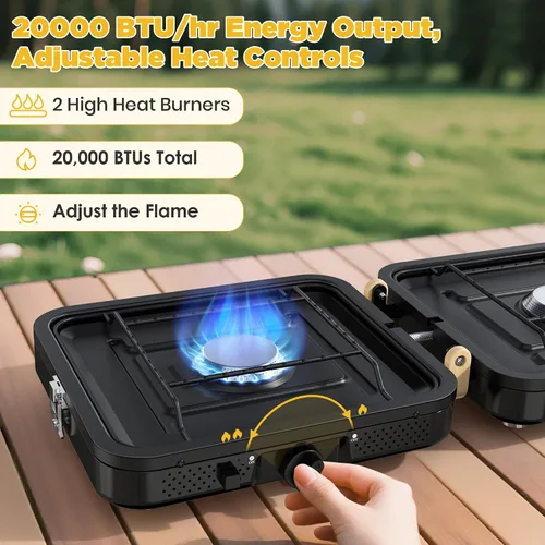 Miniatura 3 de Estufa de propano para camping, 2 quemadores de 20000 BTU, estufa de propano plegable portátil con bolsa de transporte, quemadores de alto calor