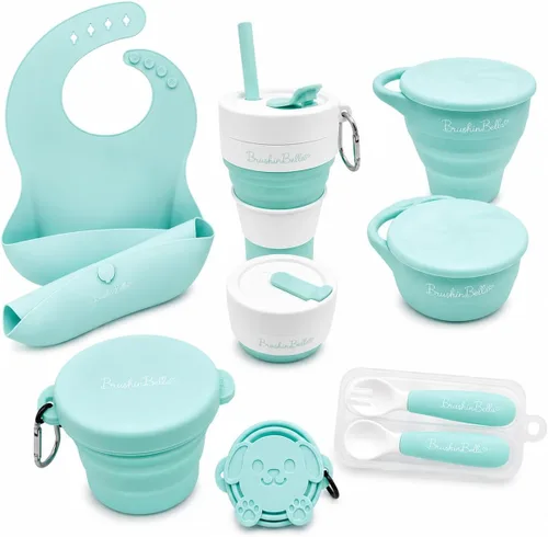 Set de alimentación plegable - Suministros de viaje: Tazón de succión de silicona, plato, babero, cucharas para regalo de bebé y niño pequeño