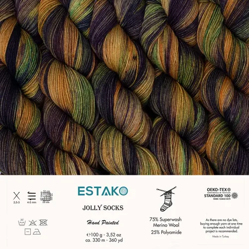 Miniatura 2 de Estako Jolly Socks Hilo Pintado a Mano 75% Lana Merino Superwash y 25% Poliamida (Fine/Sport 2 Peso) / 3.52 Oz - 100 gr / 360 Yardas - 330 mt