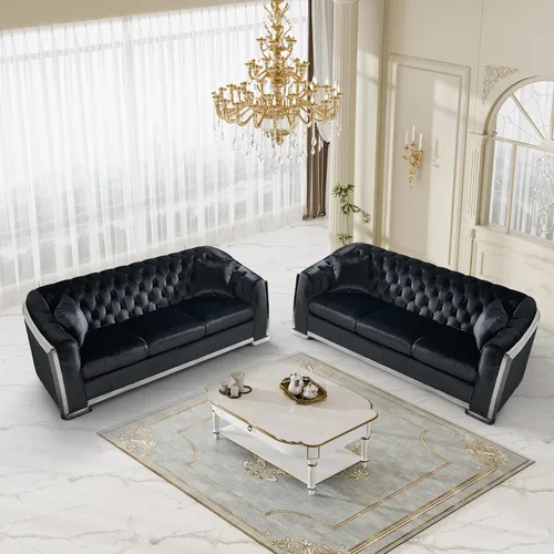Miniatura 10 de DAMAIFROM Sofá Chesterfield moderno de mediados de siglo, sofá de terciopelo de 62"+84" pulgadas, sofá de terciopelo negro y dorado, sofá curvo