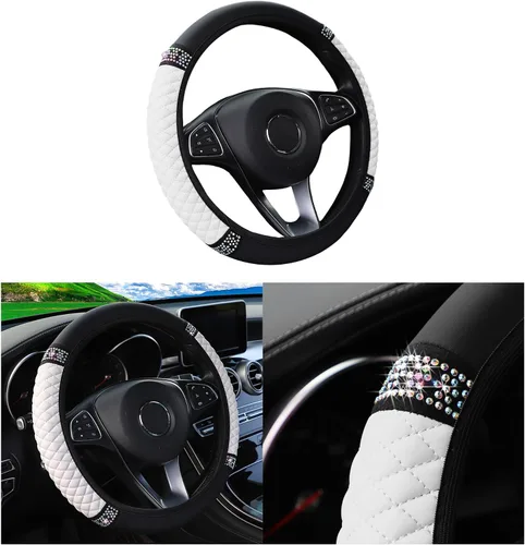 Miniatura 14 de Funda brillante para volante de automóvil, protector de cuero con diamantes de imitación de cristal para automóvil, accesorios de decoración
