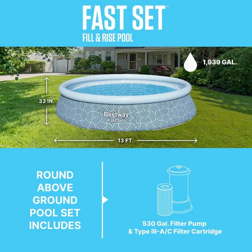 Miniatura 3 de Bestway Fast Set - Juego de piscina inflable redonda, 13 pies x 33 pulgadas, estampado de ratán, piscina circular sobre el suelo, incluye bomba