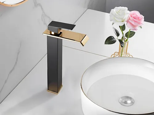 Miniatura 5 de Grifo de recipiente de baño, cascada de oro negro, grifo de fregadero de un agujero, grifos de baño, grifo de baño alto de una sola manija de Negro