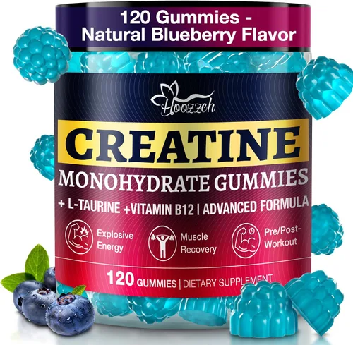 Gomitas de creatina para mujeres y hombres, sabor arándano, gomita de monohidrato de creatina masticable, 0.18 onzas de creatina por porción, bajo
