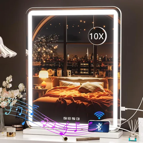 Miniatura 23 de Hasipu Espejo de tocador con luces, espejo de maquillaje LED de 24.2 x 19.7 pulgadas, espejo iluminado con aumento de 10 veces y USB, soporte