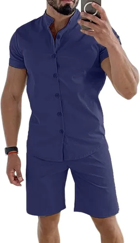 Miniatura 3 de Uni Clau Conjunto corto de 2 piezas para hombre, conjunto de camisa con botones y pantalones cortos, conjunto de chándal de playa