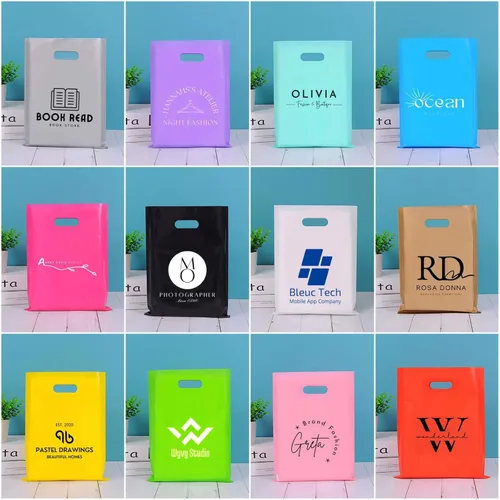 Miniatura 2 de 100 bolsas de plástico personalizadas SALIFECO con logotipo, bolsas de compras personalizadas de 2.36 mil con asas troqueladas, bolsas de regalo