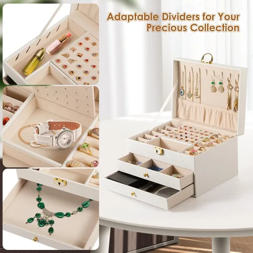 Miniatura 6 de Joyero de 3 capas, organizador de joyas con cajón organizador de joyas, grandes cajas de joyería y organizador con organizador de aretes