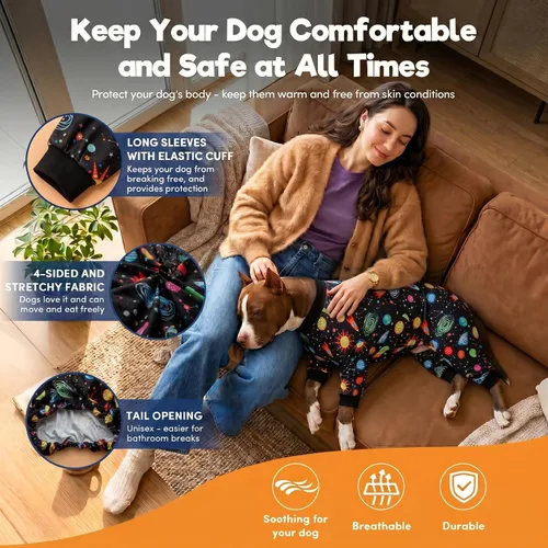 Miniatura 5 de LovinPet Mamelucos para perros grandes: pijama para perros grandes, poscirugía/cuidado de heridas, tela elástica ligera, estampado negro