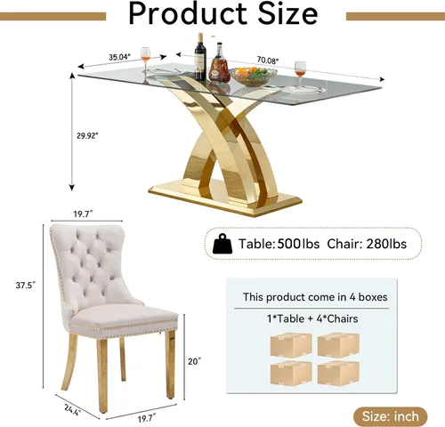 Miniatura 7 de Henf Juego de mesa de comedor de cristal de 5 piezas con 4 sillas, mesa de cocina grande de 70 pulgadas y sillas tapizadas beige para 4, juego