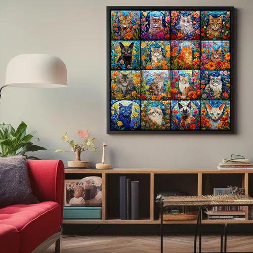 Miniatura 5 de Bgraamiens Rompecabezas de arte de mosaico de gatos, 1000 piezas, arte de vidrieras con gatos y flores, desafío de color para adultos