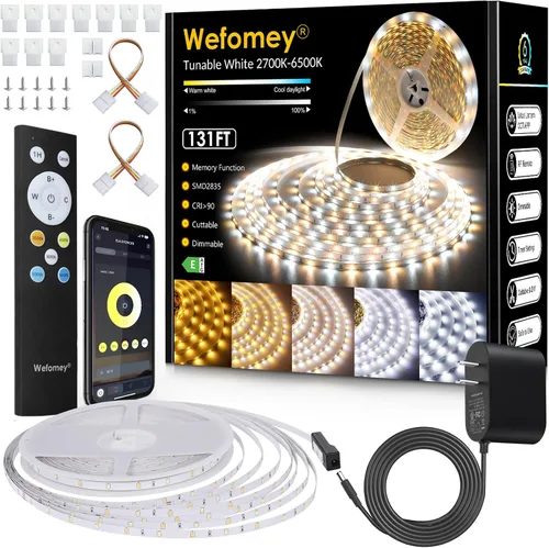 Wefomey Tira de luces LED blancas, luz de cinta flexible regulable brillante de 24 V con control remoto y aplicación, fuente de alimentación con