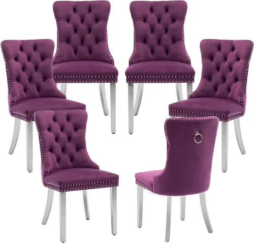 Miniatura 132 de LKTART Juego de 2 sillas de comedor de terciopelo, sillas de comedor copetudas con ribete de anillo de clavo, silla de comedor tapizada con patas