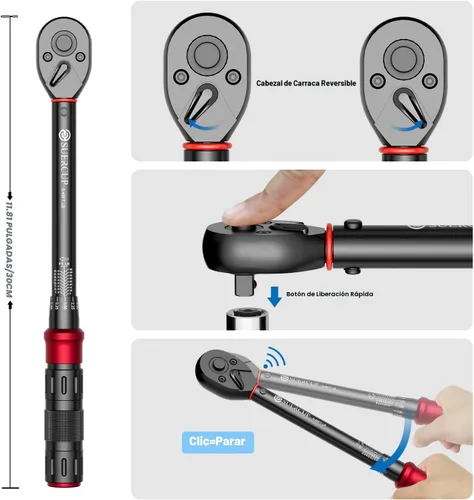 Miniatura 4 de SUERCUP Llave Dinamométrica de Clic de Accionamiento de 3/8 Pulgadas - 5-45 Ft-Lb/6.8-61Nm, Llave Dinamométrica de Clic Ajustable Bidireccional
