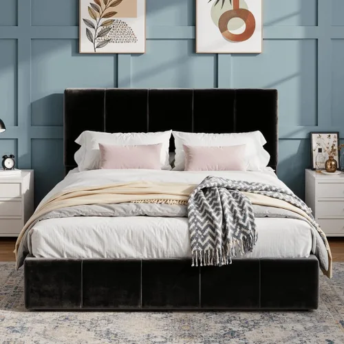 SHA CERLIN Marco de cama tamaño queen, cama de plataforma tapizada en terciopelo holandés, cabecera ajustable con canales verticales acolchados,