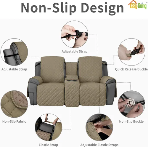 Miniatura 3 de Easy-Going Funda de sofá reclinable antideslizante con consola, resistente al agua, funda de sofá reclinable doble con correa ajustable, funda Beige