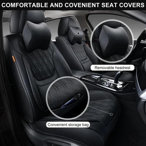 Miniatura 2 de Fundas de asiento de coche color negro, par de fundas de asiento delantero de cuero transpirable con reposacabezas, funda universal de asiento