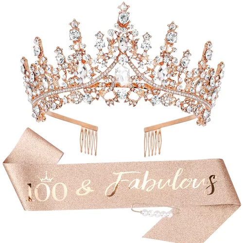 TOBATOBA Decoraciones de cumpleaños número 100: banda y tiara de oro rosa para mujer, fabulosos suministros de fiesta