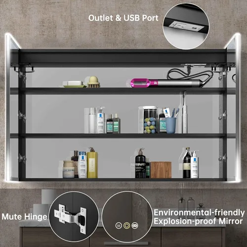 Miniatura 6 de Botiquines empotrados para baño con espejo, solo gabinete de medicina empotrado con desempañador, atenuador, tomas de corriente y USB, tres puertas