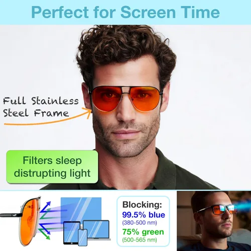 Miniatura 3 de Lentes de bloqueo de luz azul aviador naranja para un mejor sueño, 97% metal de alta calidad, lentes clásicos de aviador para migraña para mujeres