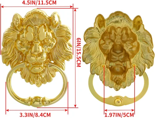 Miniatura 3 de MOLIGOU Aldaba de puerta con cabeza de león, aldaba decorativa para puerta delantera de 6 pulgadas, manija de anillo de puerta de león antiguo Dorado