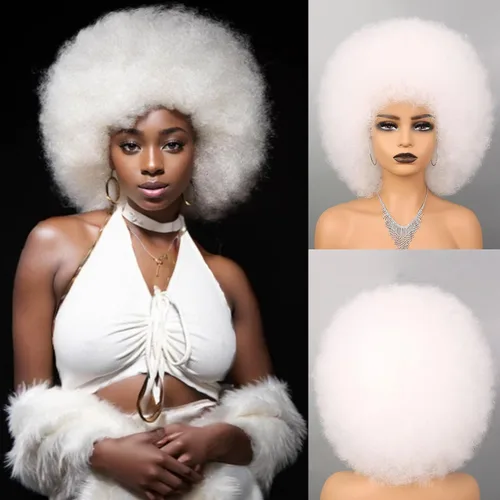 Miniatura 17 de Pelucas afro de los años 70 para mujeres negras, sin pegamento, peluca rizada afro soplada, resistente al calor, pelucas sintéticas para uso diario