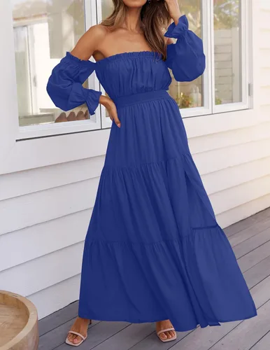 Miniatura 114 de ZESICA - Vestido largo, bohemio y sexy, con hombros descubiertos y manga larga fruncida, con elástico fruncido, cintura alta y abertura lateral