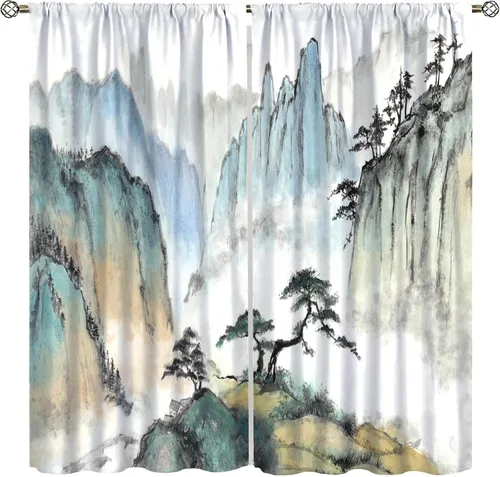 Miniatura 13 de Cortina asiática, flor de cerezo japonés, montañas brumosas de ciruelo rojo asiático, pintura de tinta tradicional, paisaje chino oriental
