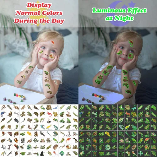 Miniatura 7 de 96 piezas de tatuajes temporales luminosos de reptiles que brillan precortados, decoraciones de fiesta de cumpleaños, suministros de regalo