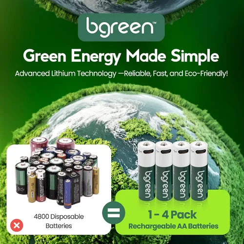 Miniatura 4 de bgreen Baterías AA recargables USB-C, paquete de 4, 3400 mWh, alto rendimiento, cable de carga 4 en 1 incluido, carga rápida de 1 hora