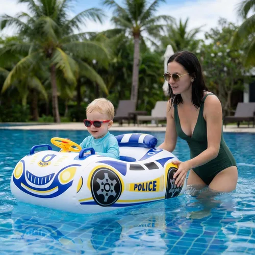 Miniatura 5 de Flotador de piscina para niños pequeños con volante, flotador de piscina para bebés sin giro con asiento y respaldo, PVC grueso inflable de policía