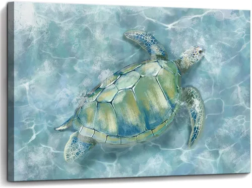 Miniatura 20 de YJYart Decoración de pared de baño, diseño de tortuga marina HD en lienzo, arte de pared para dormitorio, cocina, decoración de habitación costera