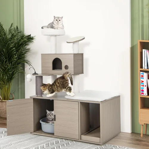 Miniatura 3 de Tangkula Árbol para gatos con caja de arena, torre para gatos con caja de arena, condominio para gatos, tabla de rascar, perca de felpa suave, bolas
