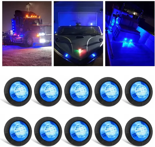 10 piezas LED redondas mini impermeables selladas azules de 3/4", luces de gálibo con bala y ojal para indicadores delanteros, traseros y laterales,