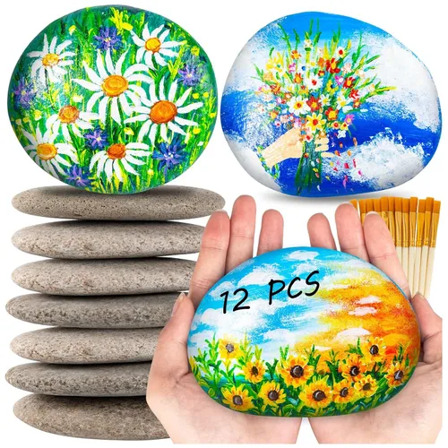 12 piezas de rocas grandes para pintar, piedras de río para pintar, rocas lisas y planas con 12 pinceles para pinturas, roca natural para pintar