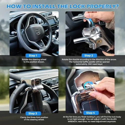 Miniatura 6 de Blueshyhall Cerradura para volante de vehículo, dispositivos de bloqueo antirrobo, cerradura de seguridad resistente para automóvil, camión, SUV