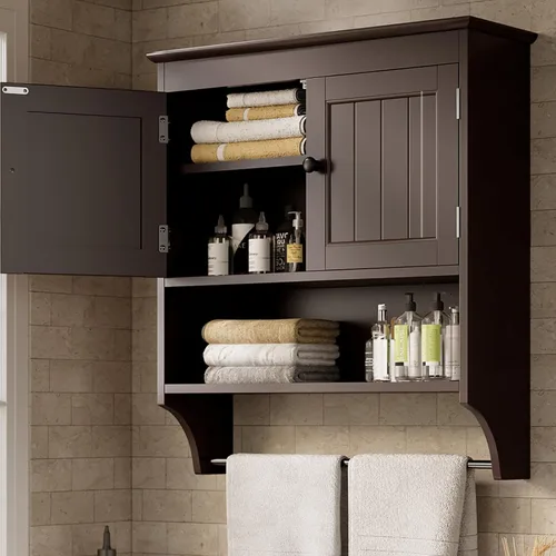 Miniatura 3 de Bealife - Gabinete de baño montado en la pared con barra para toallas y estantes ajustables, gabinete de almacenamiento sobre el inodoro, gabinete